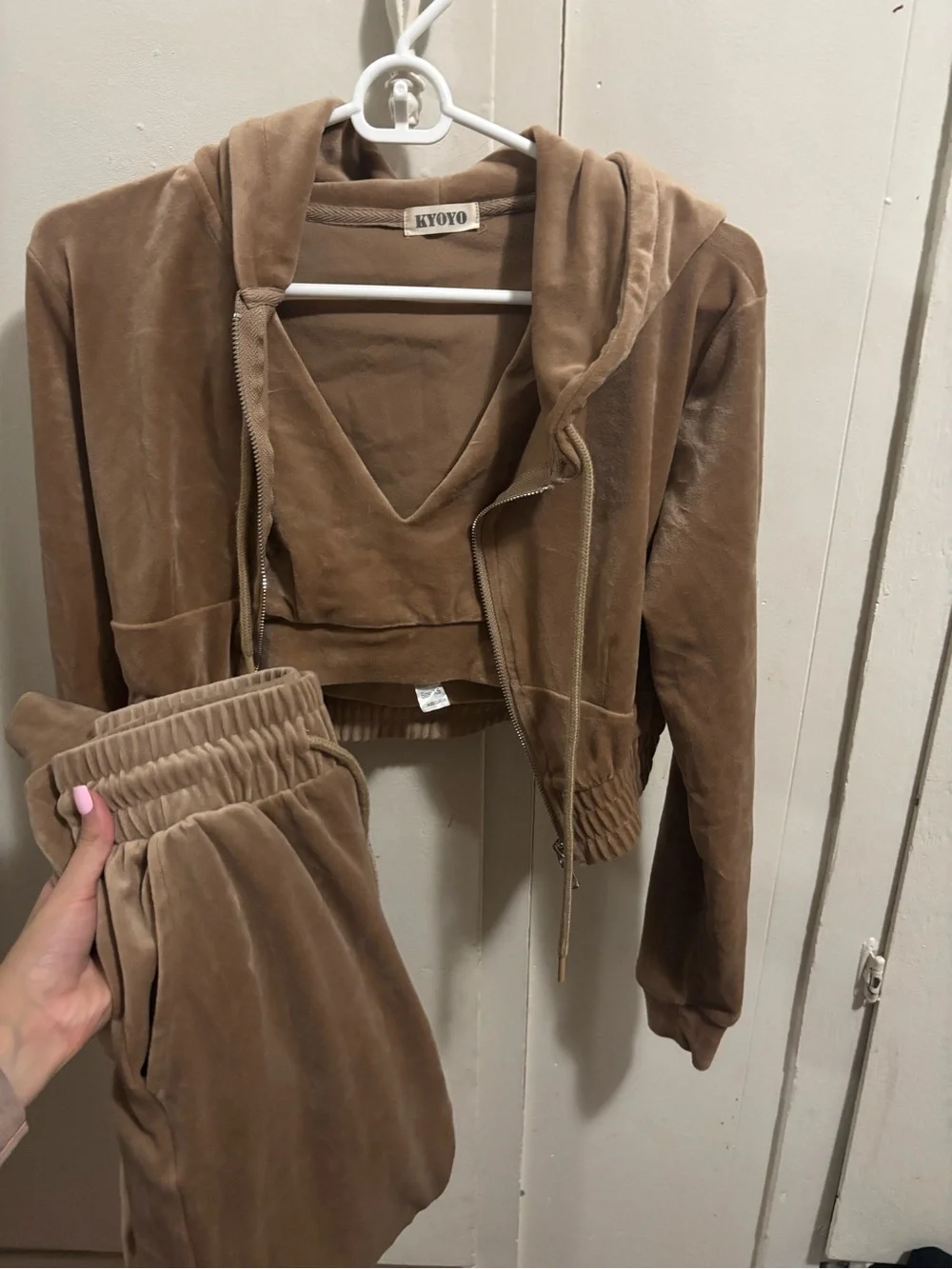 Cropped Velour Hoodie Jacket in Brown